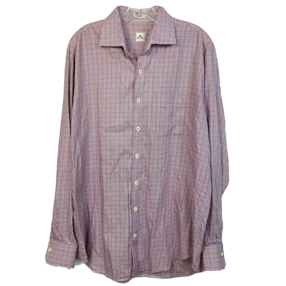 Peter Millar Shirt Mens Sz L Pink‎ Blue White Plaid Button Up Cotton Long Sleeve